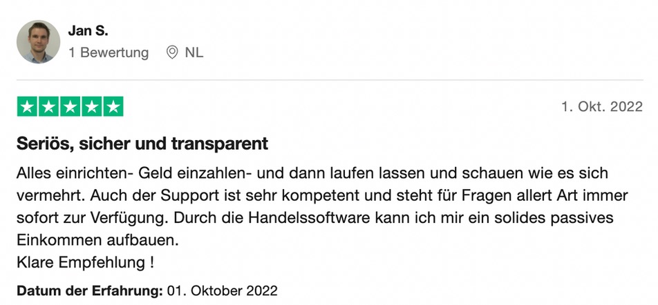 Verifizierte Trustpilot-Bewertung eines Mitglieds